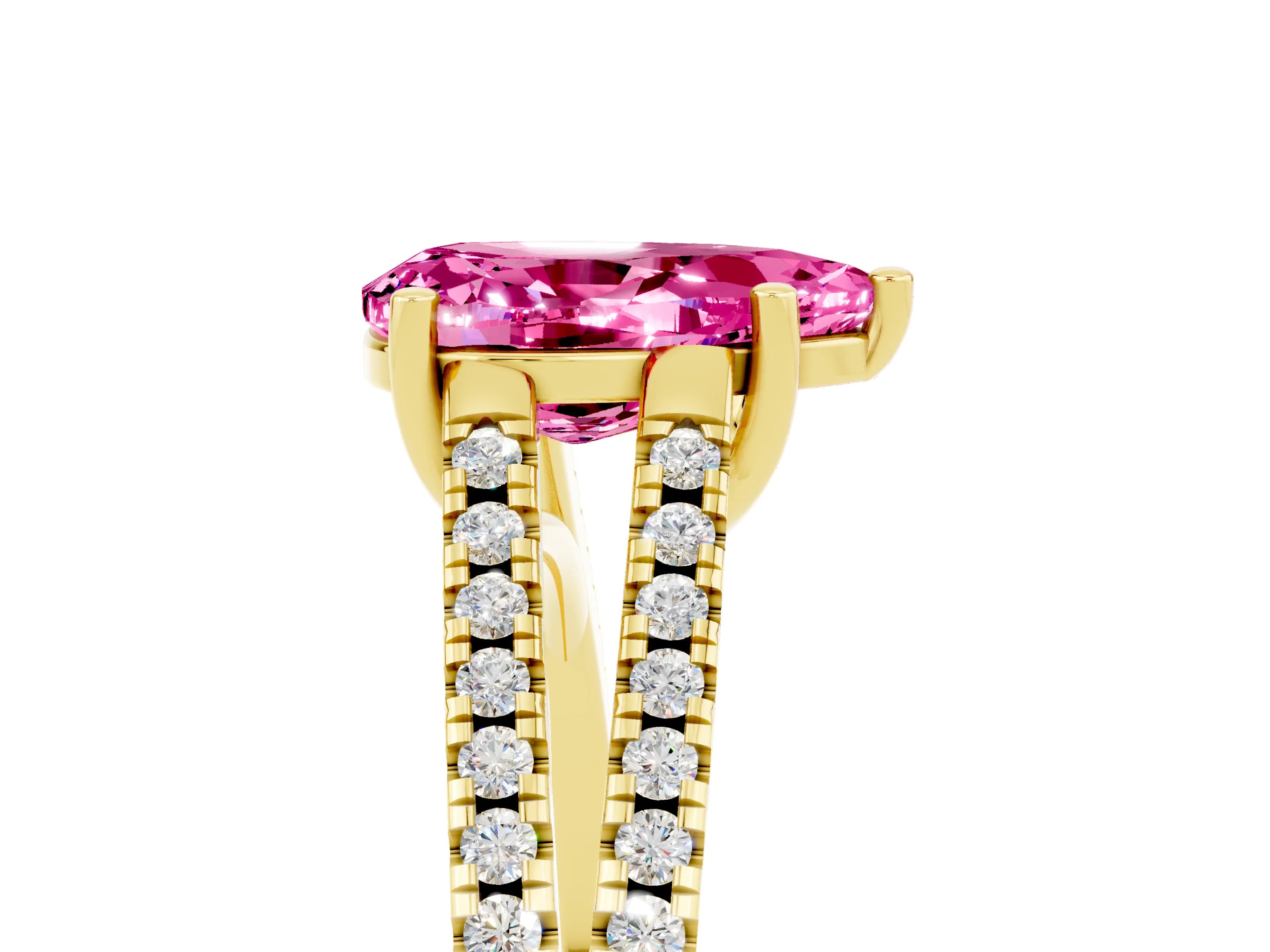 Yellow gold Pear Cut Pink Sapphire Solitaire Engagement Ring with Split Shank Pavé Band_17