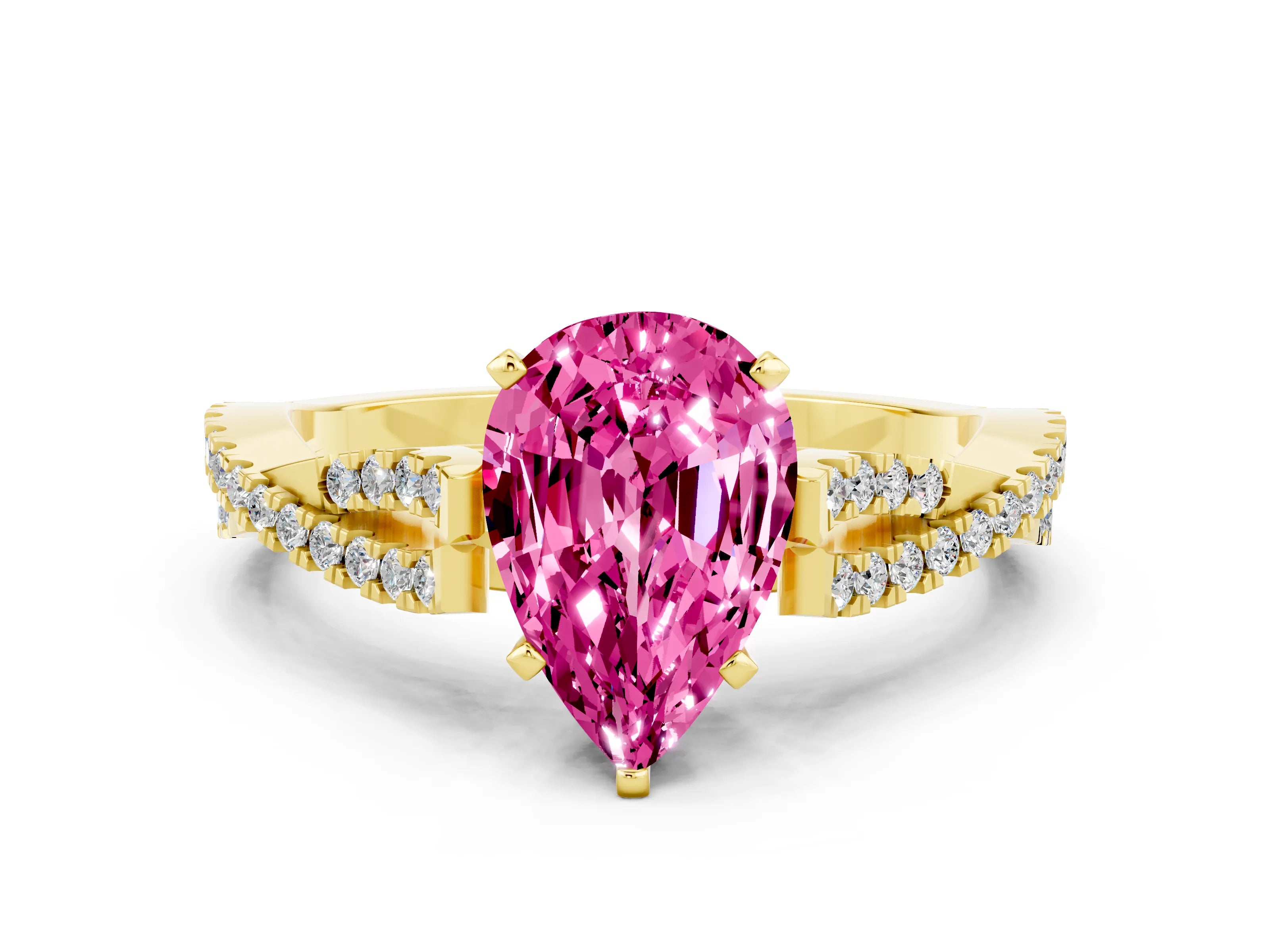 Yellow gold Pear Cut Pink Sapphire Solitaire Engagement Ring with Twisted Pavé Band and Four-Prong Setting_12