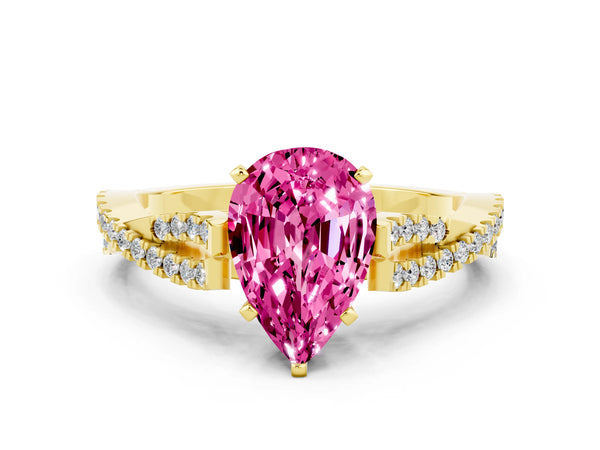 Yellow gold Pear Cut Pink Sapphire Solitaire Engagement Ring with Twisted Pavé Band and Four-Prong Setting