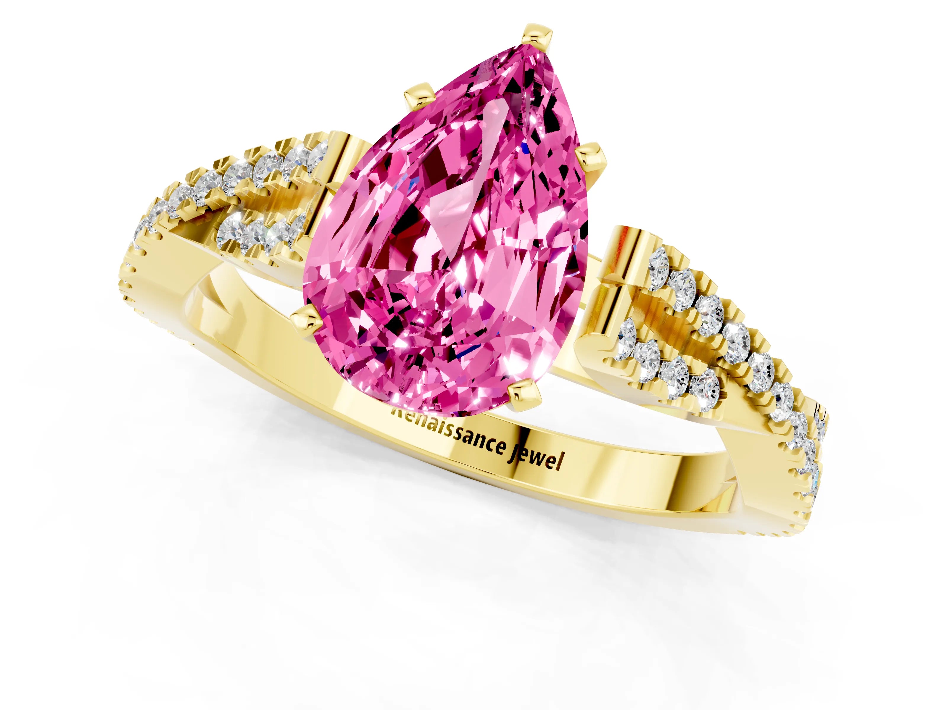 Yellow gold Pear Cut Pink Sapphire Solitaire Engagement Ring with Twisted Pavé Band and Four-Prong Setting_13