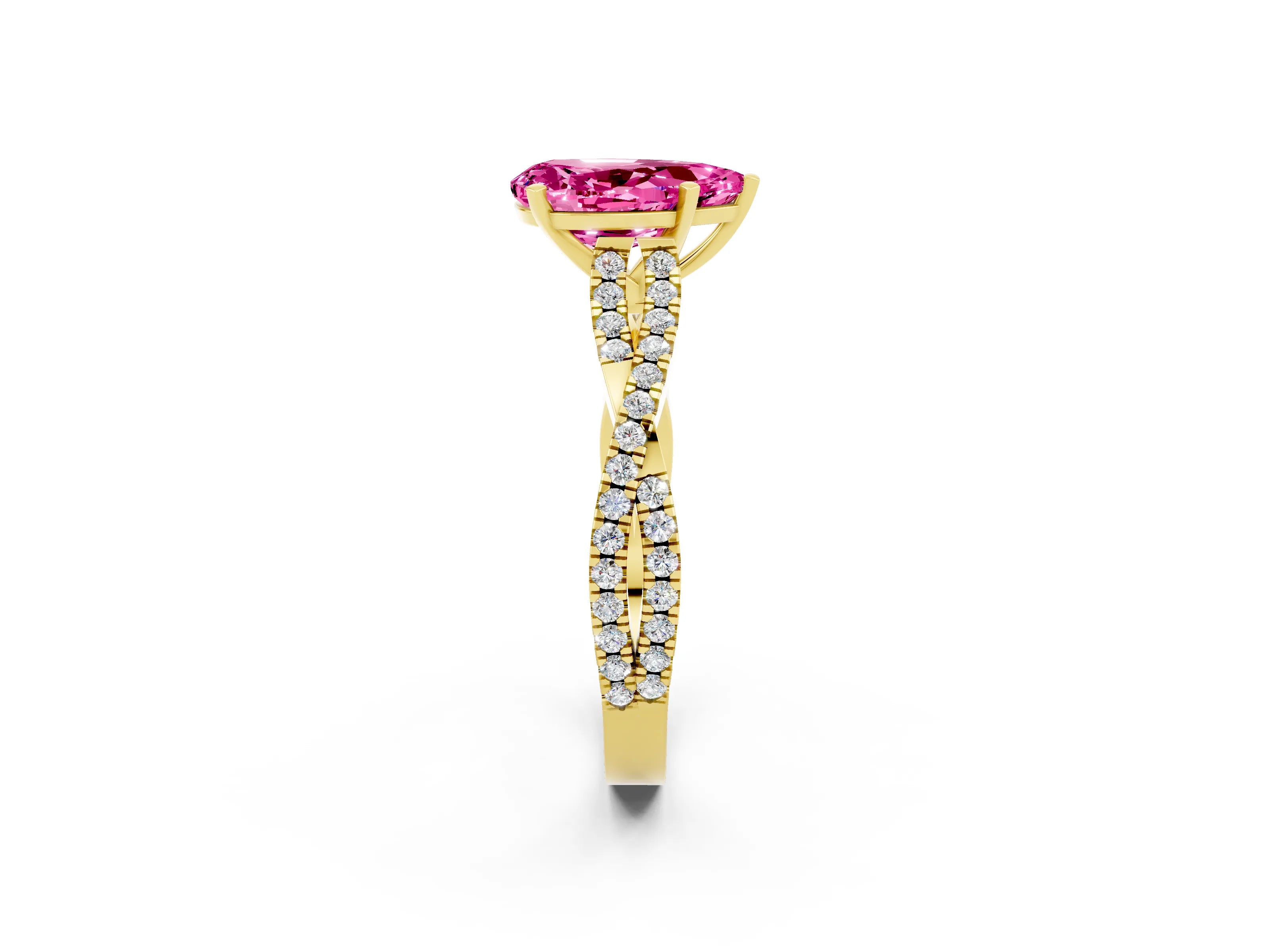 Yellow gold Pear Cut Pink Sapphire Solitaire Engagement Ring with Twisted Pavé Band and Four-Prong Setting_14