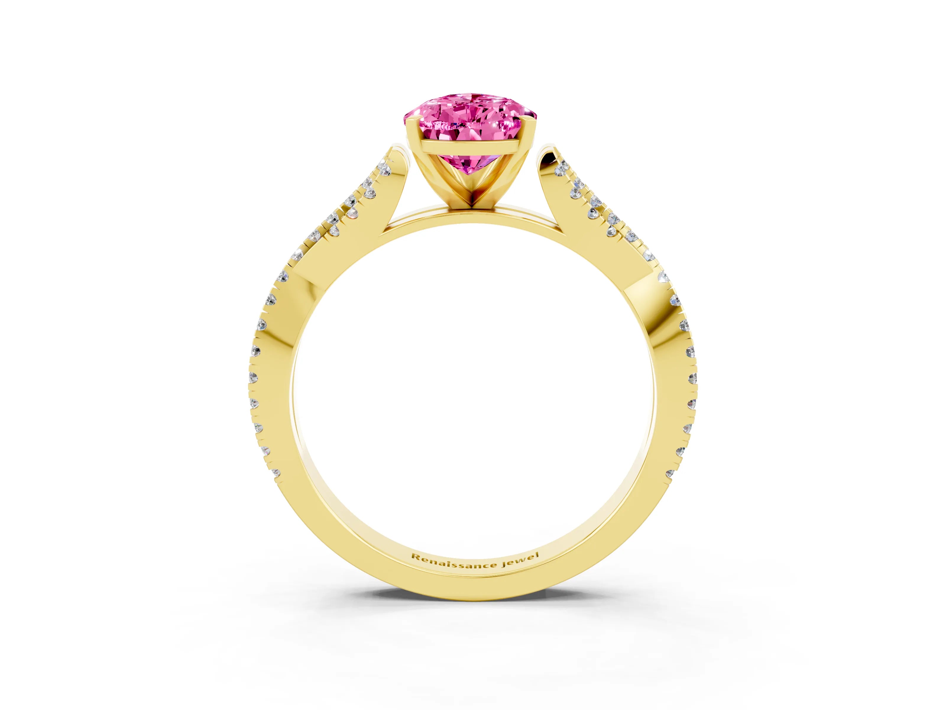 Yellow gold Pear Cut Pink Sapphire Solitaire Engagement Ring with Twisted Pavé Band and Four-Prong Setting_15