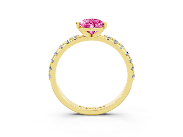Yellow gold Pear Cut Pink Sapphire Solitaire Pavé Band with Four-Prong Setting