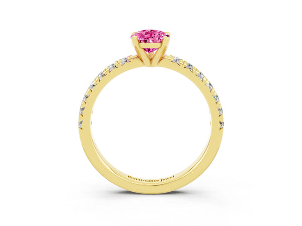 Yellow gold Pear Cut Pink Sapphire Solitaire Pavé Engagement Ring with Round Band and Prong Setting