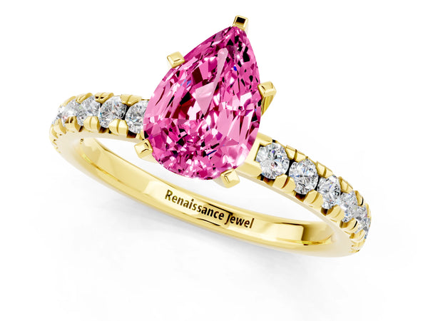 Yellow gold Pear Cut Pink Sapphire Solitaire Pavé Engagement Ring with Round Band and Prong Setting