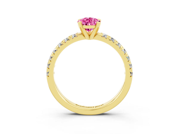 Yellow gold Pear Cut Pink Sapphire Solitaire Pavé Engagement Ring with Round Band and Prong Setting