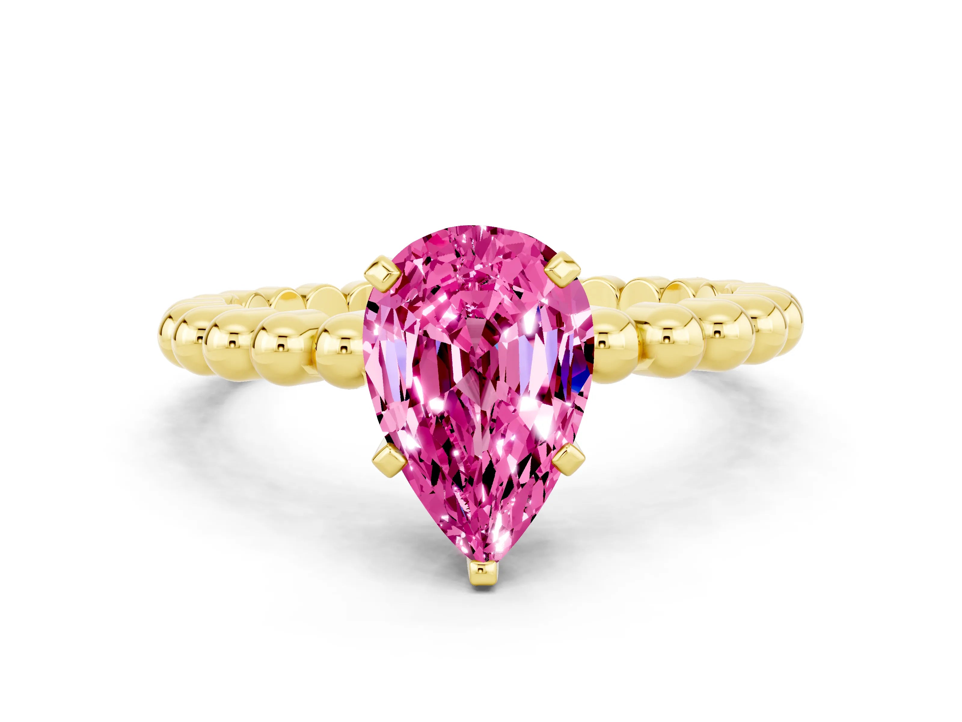 Yellow gold Pear Cut Pink Sapphire Solitaire Ring with Beaded Band and Prong Setting