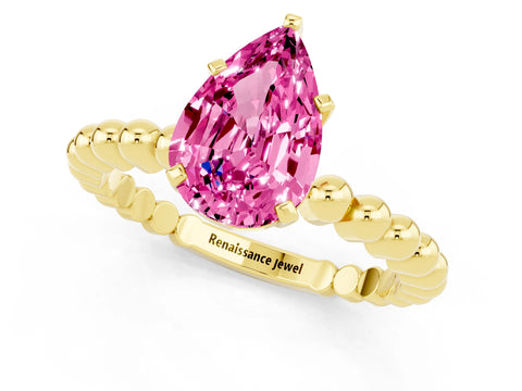 Yellow gold Pear Cut Pink Sapphire Solitaire Ring with Beaded Band and Prong Setting_1
