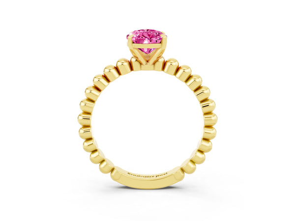 Yellow gold Pear Cut Pink Sapphire Solitaire Ring with Beaded Band and Prong Setting
