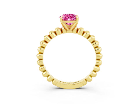 Yellow gold Pear Cut Pink Sapphire Solitaire Ring with Beaded Band and Prong Setting_3