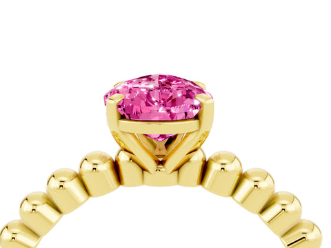 Yellow gold Pear Cut Pink Sapphire Solitaire Ring with Beaded Band and Prong Setting_4