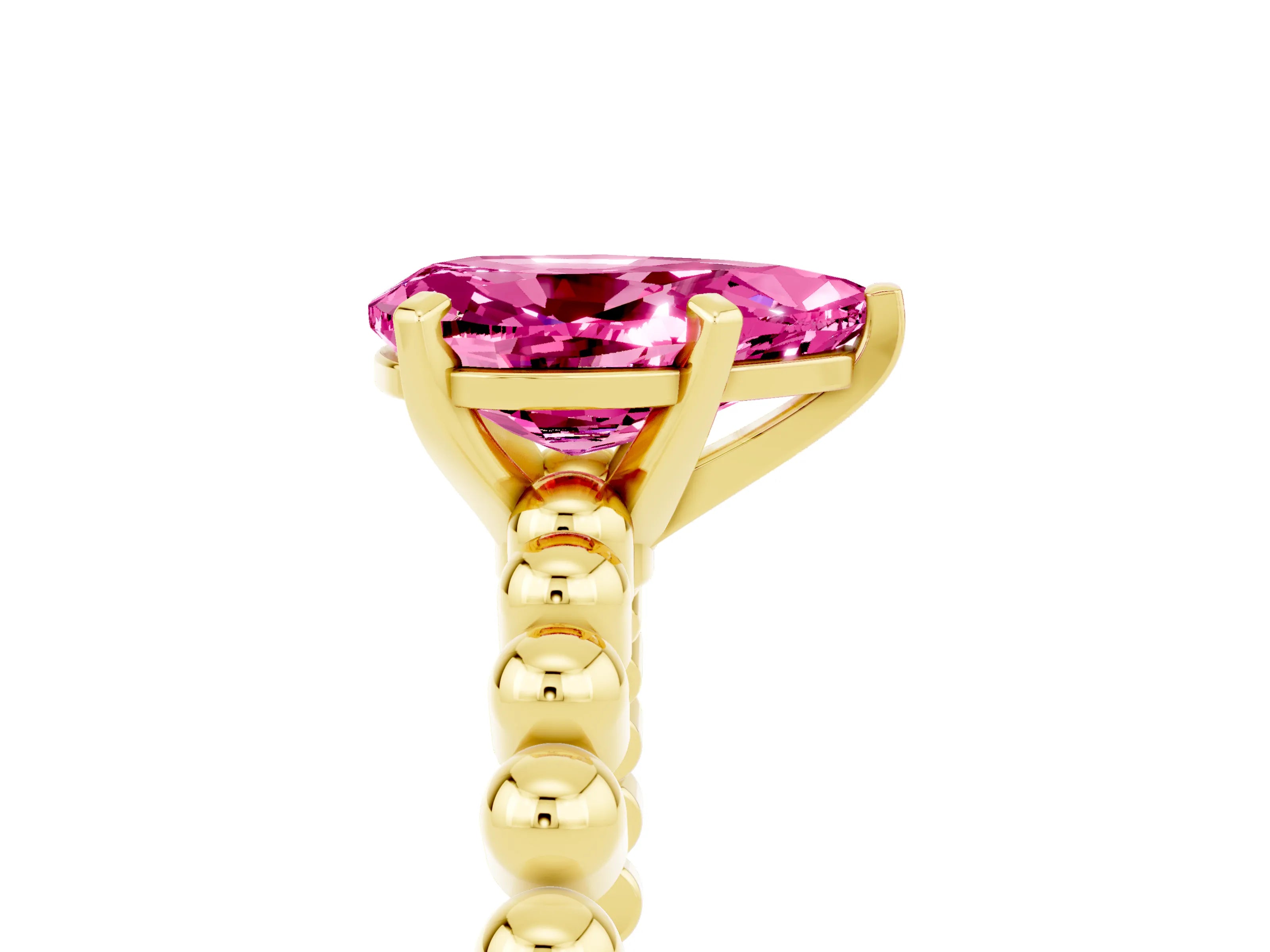Yellow gold Pear Cut Pink Sapphire Solitaire Ring with Beaded Band and Prong Setting_5
