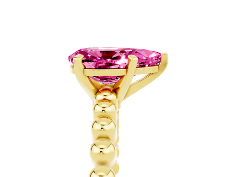 Yellow gold Pear Cut Pink Sapphire Solitaire Ring with Beaded Band and Prong Setting_5
