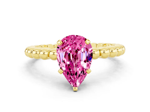 Yellow gold Pear Cut Pink Sapphire Solitaire Ring with Beaded Band and Prong Setting