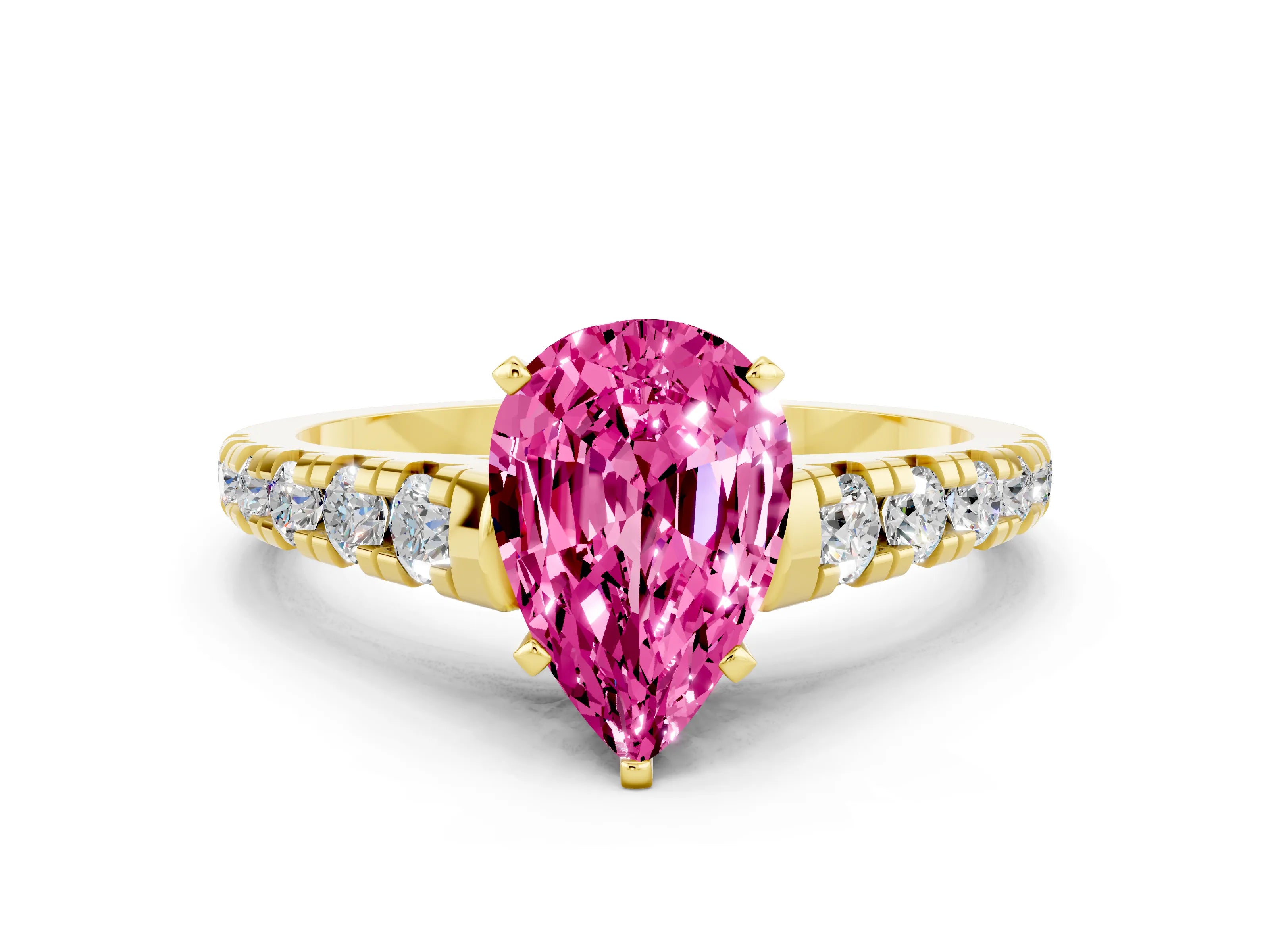 Yellow gold Pear Cut Pink Sapphire Solitaire Ring with Cathedral Setting and Pavé Band_24