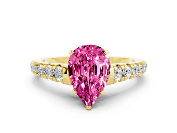 Yellow gold Pear Cut Pink Sapphire Cathedral Solitaire Ring with Round  Pavé Band