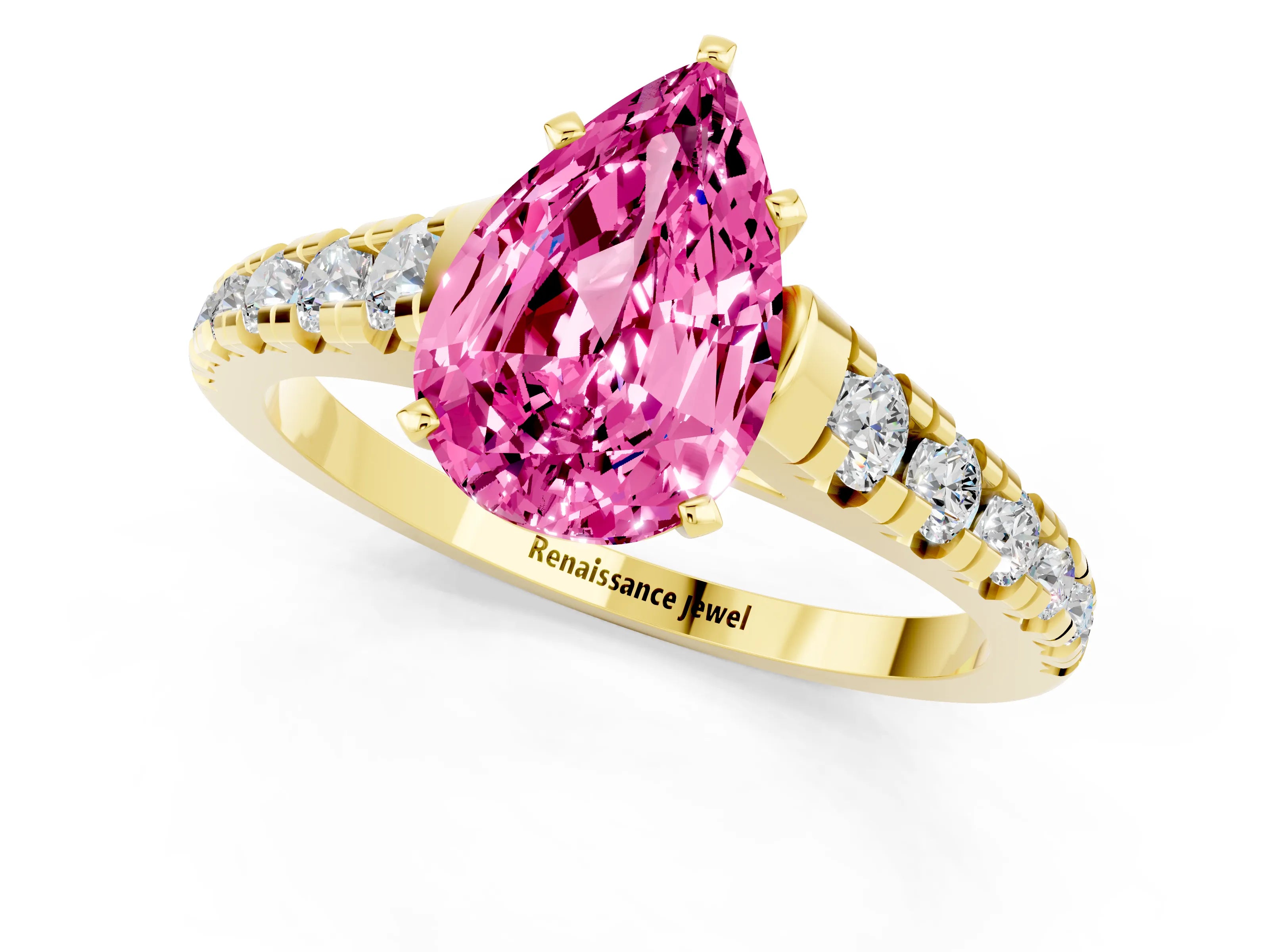 Yellow gold Pear Cut Pink Sapphire Solitaire Ring with Cathedral Setting and Pavé Band_25