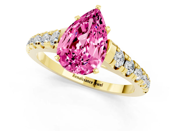 Yellow gold Pear Cut Pink Sapphire Cathedral Solitaire Ring with Round  Pavé Band
