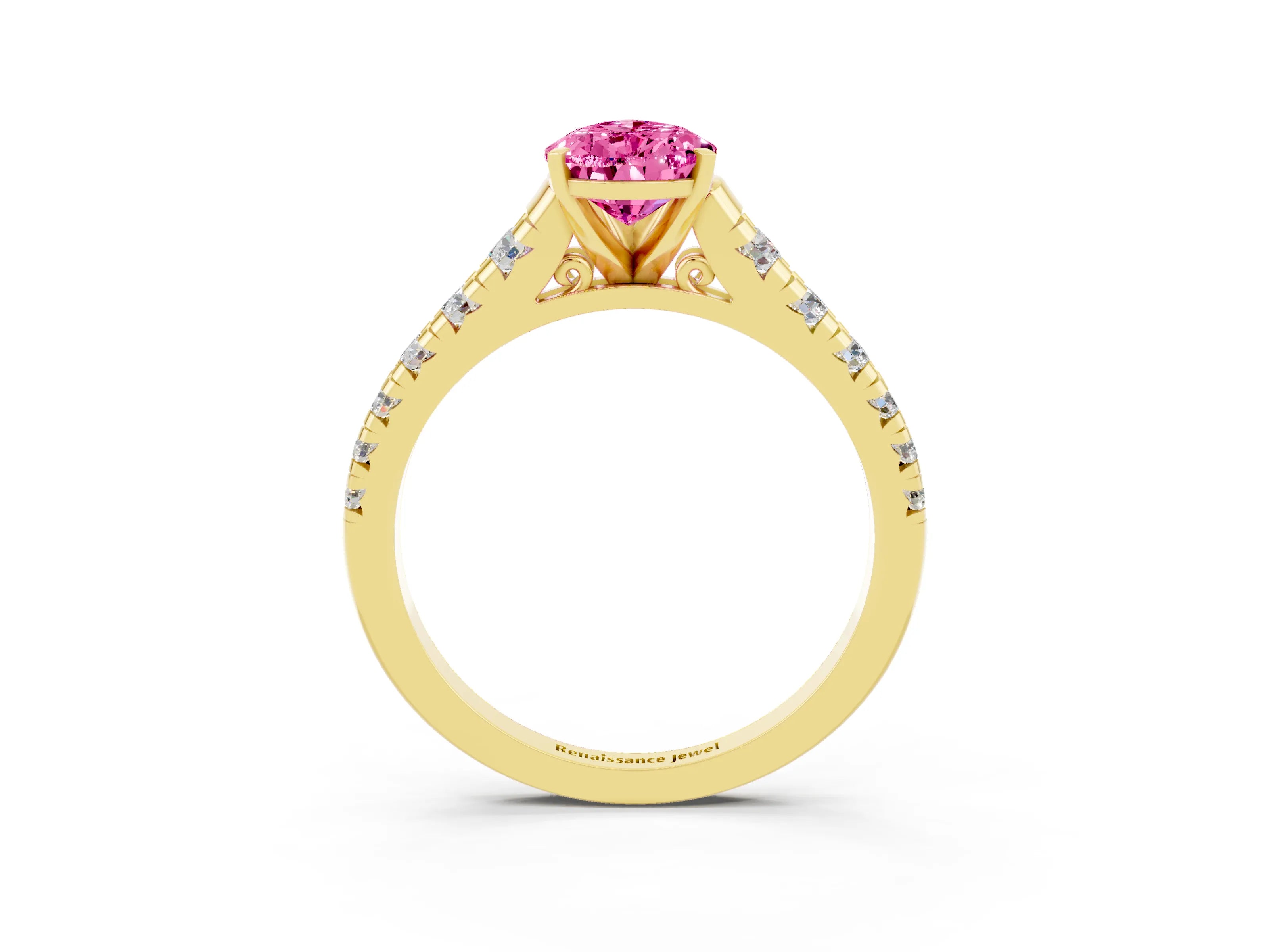 Yellow gold Pear Cut Pink Sapphire Solitaire Ring with Cathedral Setting and Pavé Band_27