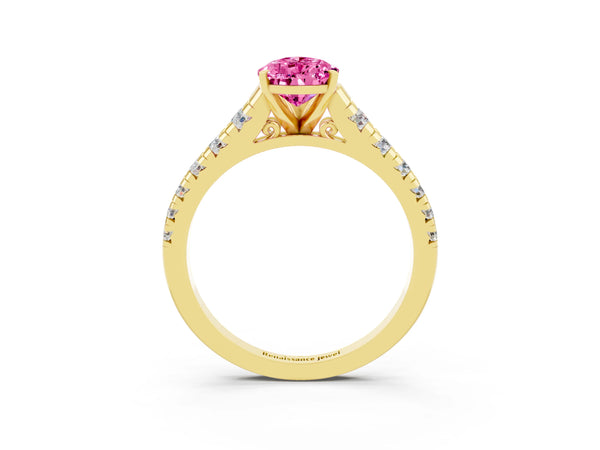 Yellow gold Pear Cut Pink Sapphire Cathedral Solitaire Ring with Round  Pavé Band