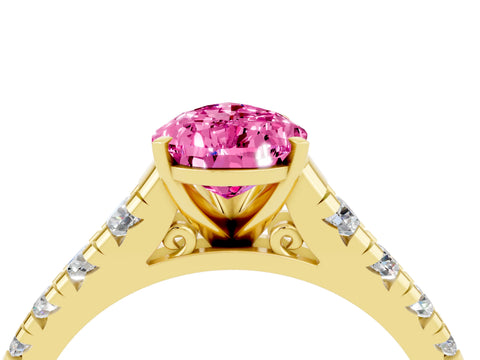 Yellow gold Pear Cut Pink Sapphire Solitaire Ring with Cathedral Setting and Pavé Band_28