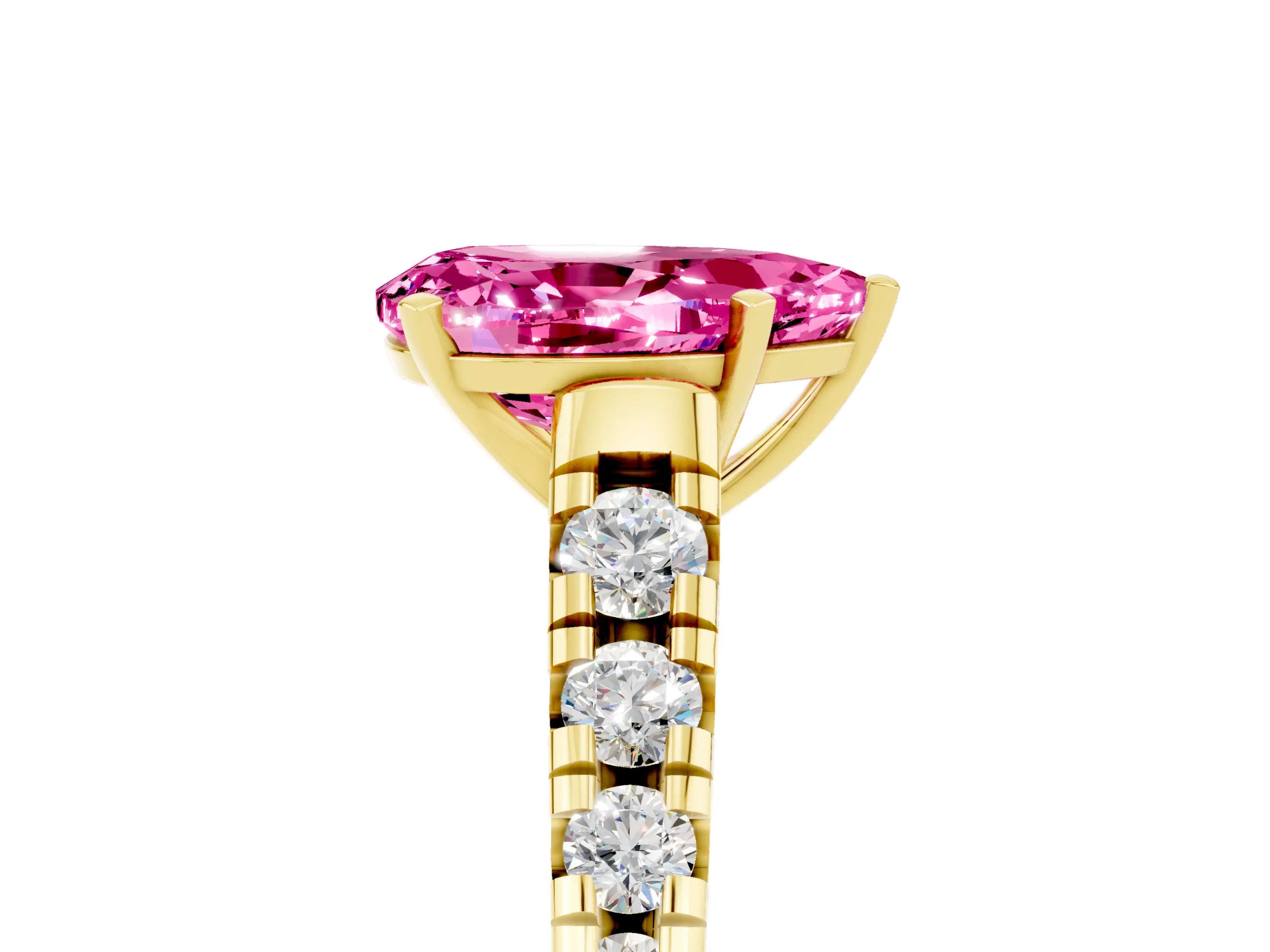 Yellow gold Pear Cut Pink Sapphire Solitaire Ring with Cathedral Setting and Pavé Band_29