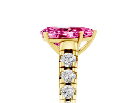 Yellow gold Pear Cut Pink Sapphire Solitaire Ring with Cathedral Setting and Pavé Band_29