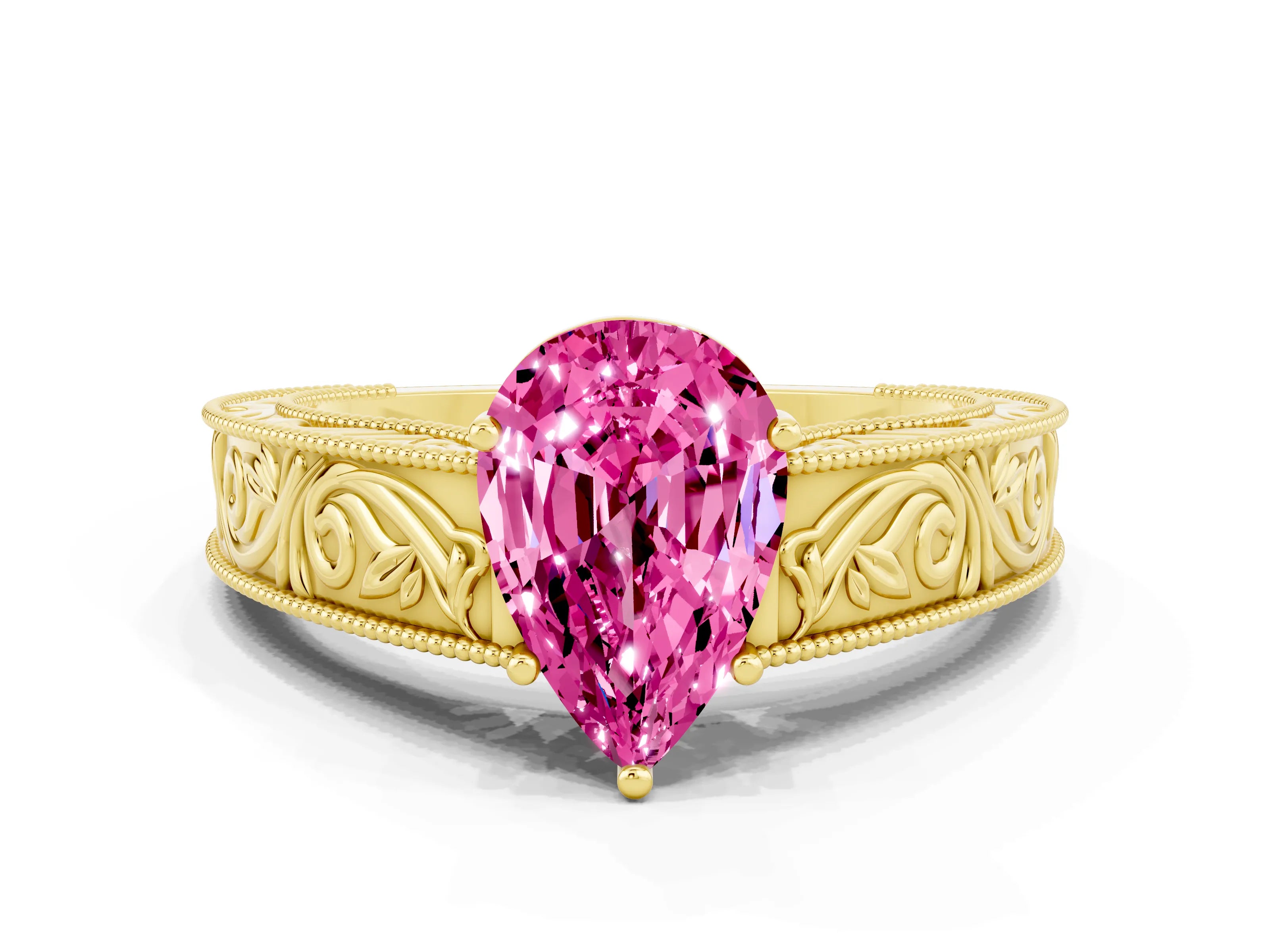 Yellow gold Pear Cut Pink Sapphire Solitaire Ring with Engraved Band and Four-Prong Setting