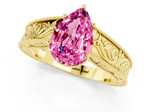 Yellow gold Pear Cut Pink Sapphire Solitaire Ring with Engraved Band and Four-Prong Setting_1