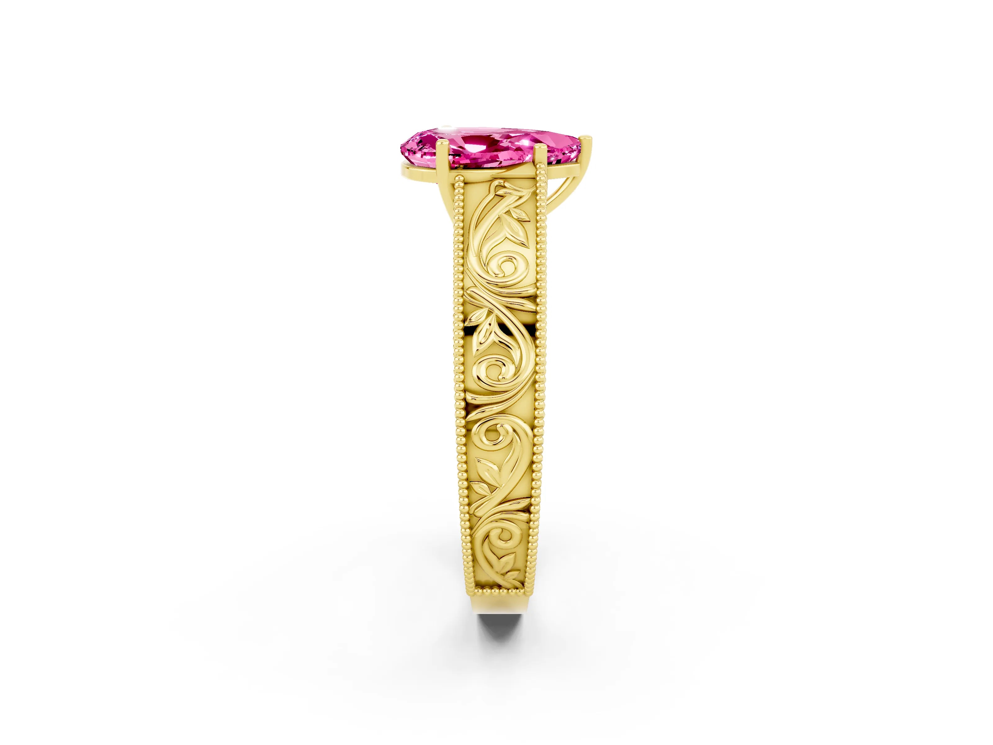 Yellow gold Pear Cut Pink Sapphire Solitaire Ring with Engraved Band and Four-Prong Setting_2