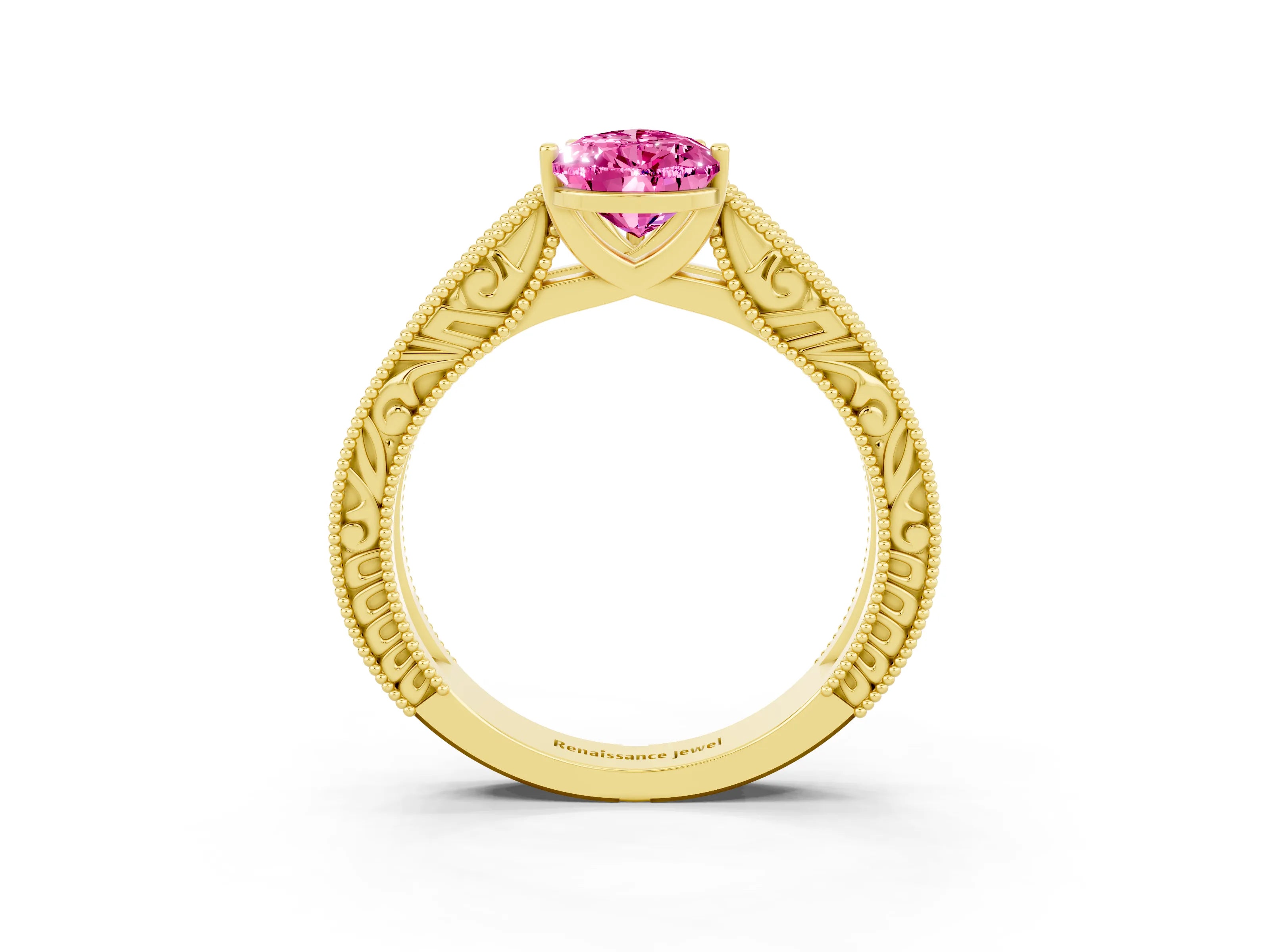 Yellow gold Pear Cut Pink Sapphire Solitaire Ring with Engraved Band and Four-Prong Setting_3