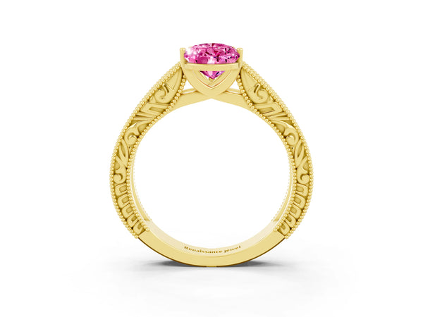 Yellow gold Pear Cut Pink Sapphire Solitaire Ring with Engraved Band and Four-Prong Setting
