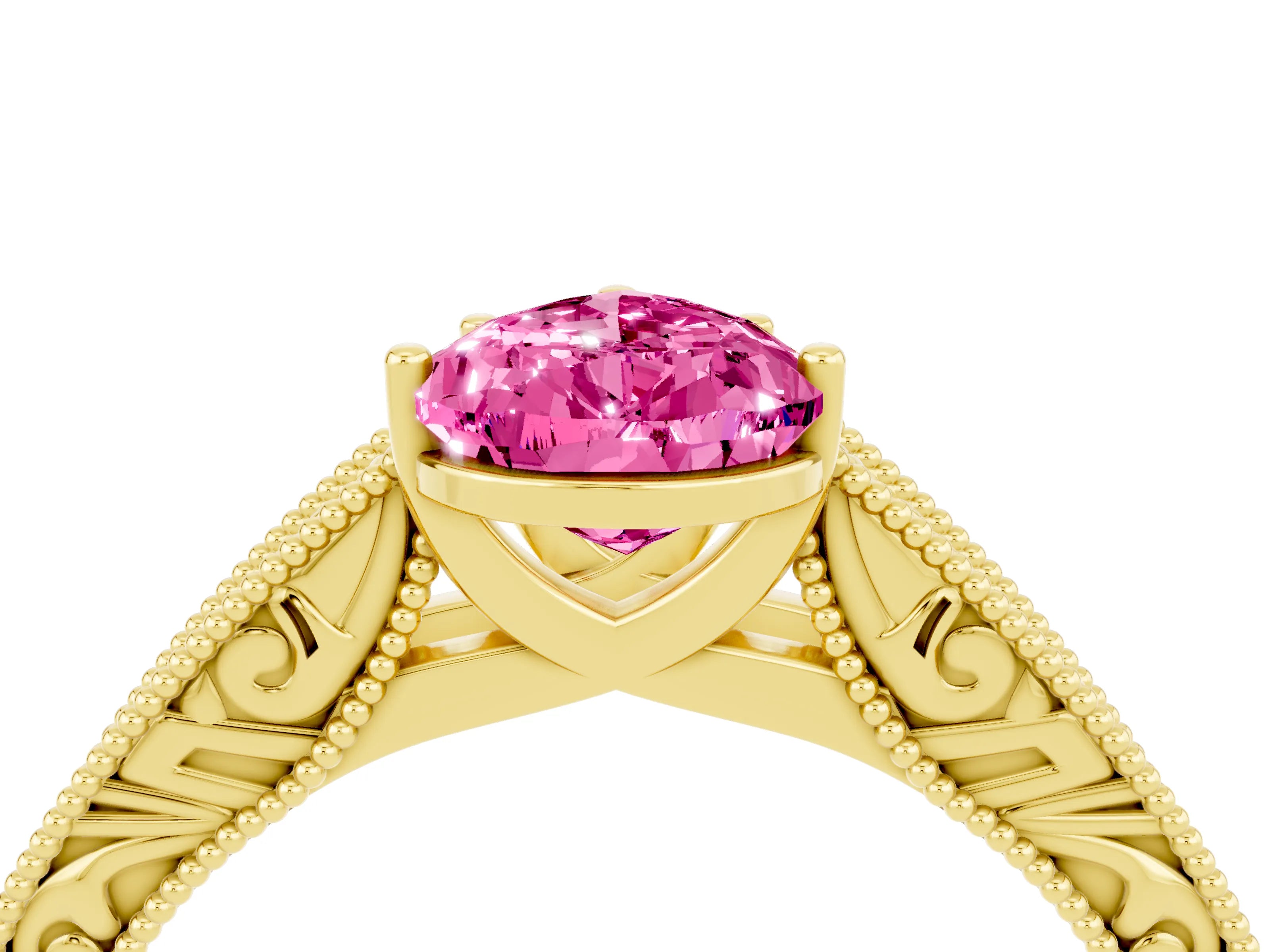 Yellow gold Pear Cut Pink Sapphire Solitaire Ring with Engraved Band and Four-Prong Setting_4