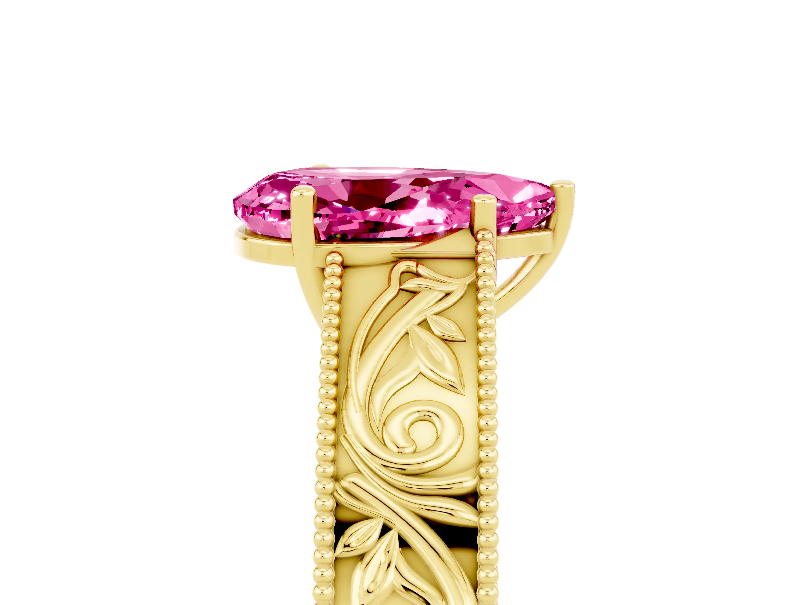 Yellow gold Pear Cut Pink Sapphire Solitaire Ring with Engraved Band and Four-Prong Setting_5