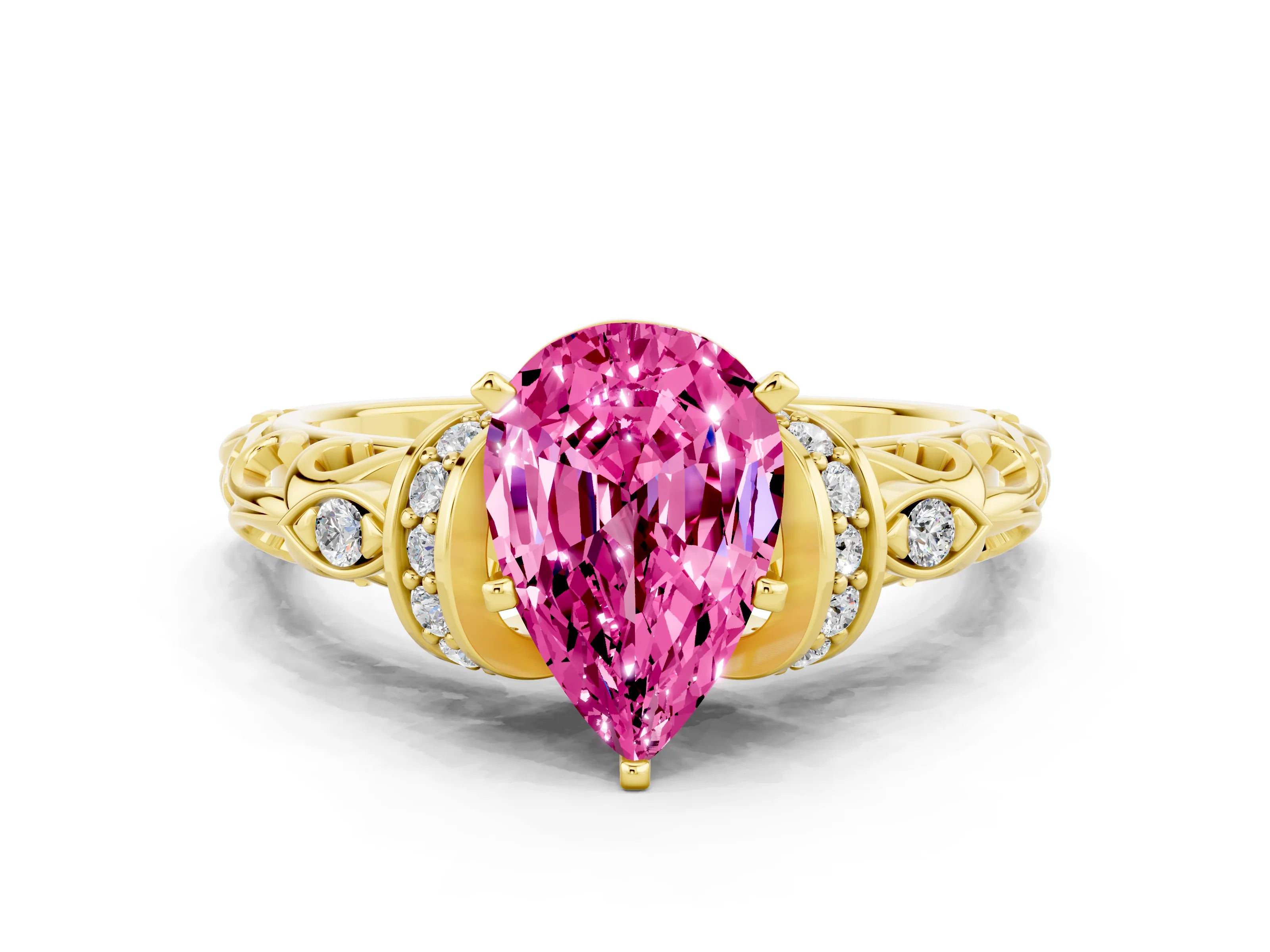 Yellow gold Pear Cut Pink Sapphire Solitaire Ring with Filigree Band and Four-Prong Setting_68