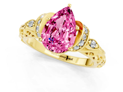 Yellow gold Pear Cut Pink Sapphire Solitaire Ring with Filigree Band and Four-Prong Setting_69