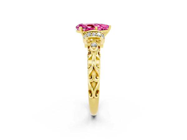 Yellow gold Pear Cut Pink Sapphire Solitaire Ring with Filigree Band and Four-Prong Setting