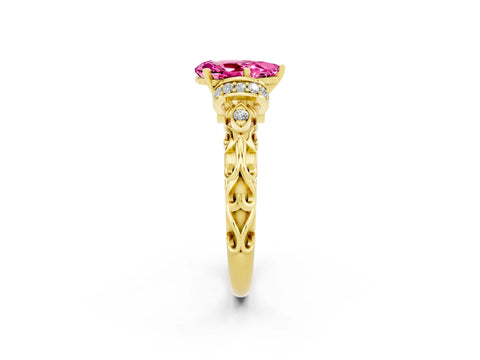Yellow gold Pear Cut Pink Sapphire Solitaire Ring with Filigree Band and Four-Prong Setting_70