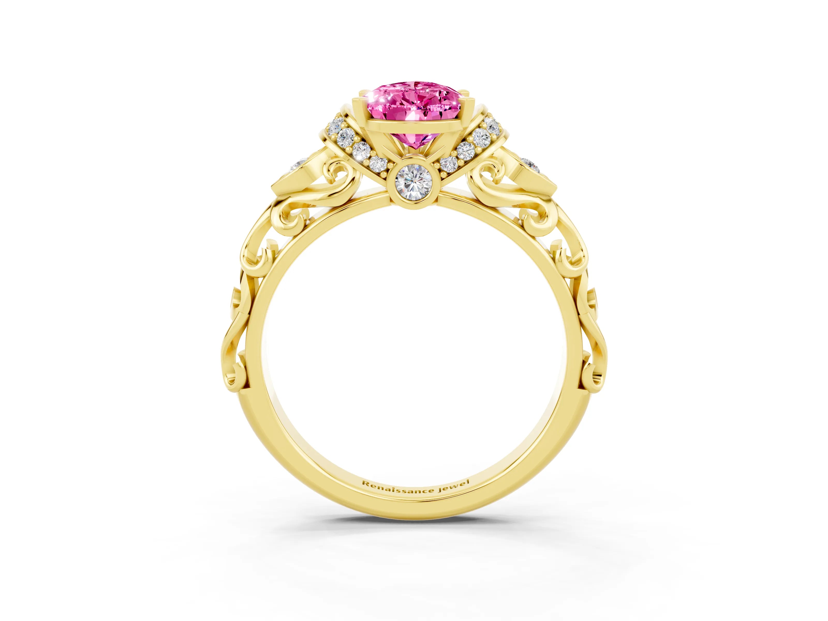 Yellow gold Pear Cut Pink Sapphire Solitaire Ring with Filigree Band and Four-Prong Setting_71