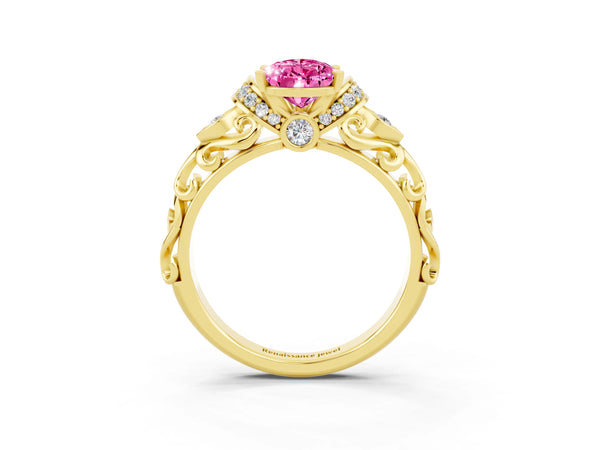 Yellow gold Pear Cut Pink Sapphire Solitaire Ring with Filigree Band and Four-Prong Setting