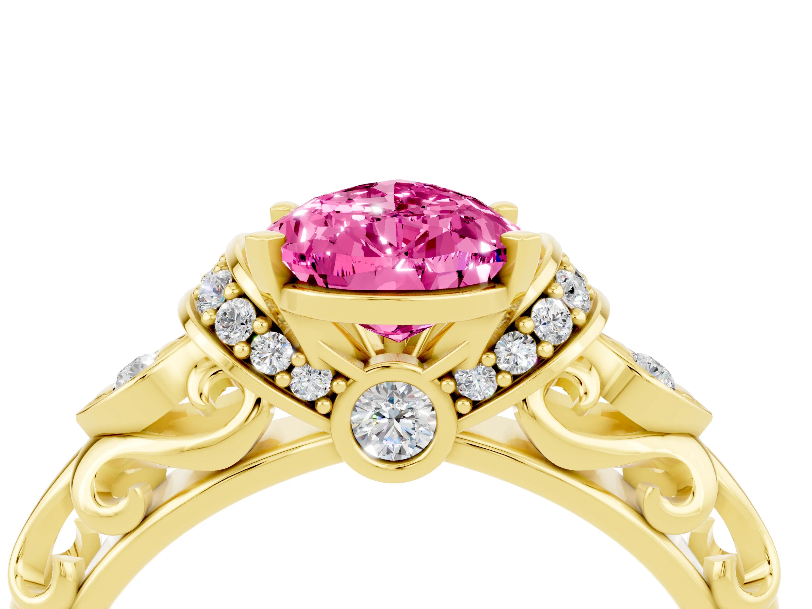 Yellow gold Pear Cut Pink Sapphire Solitaire Ring with Filigree Band and Four-Prong Setting_72