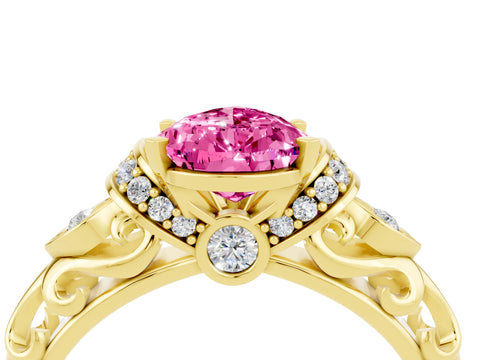 Yellow gold Pear Cut Pink Sapphire Solitaire Ring with Filigree Band and Four-Prong Setting_72