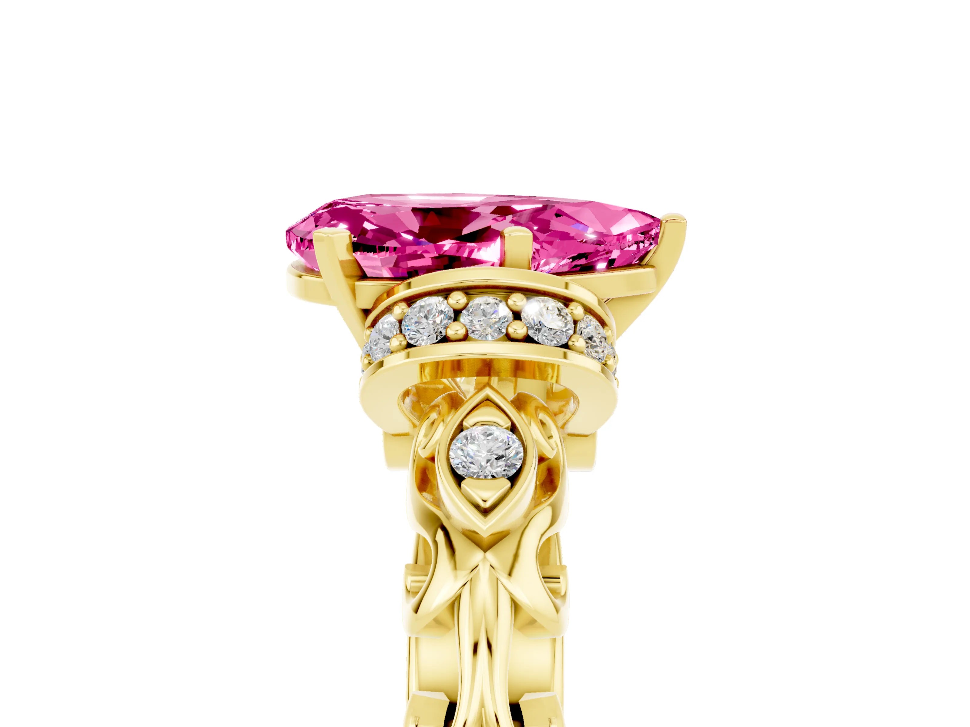 Yellow gold Pear Cut Pink Sapphire Solitaire Ring with Filigree Band and Four-Prong Setting_73