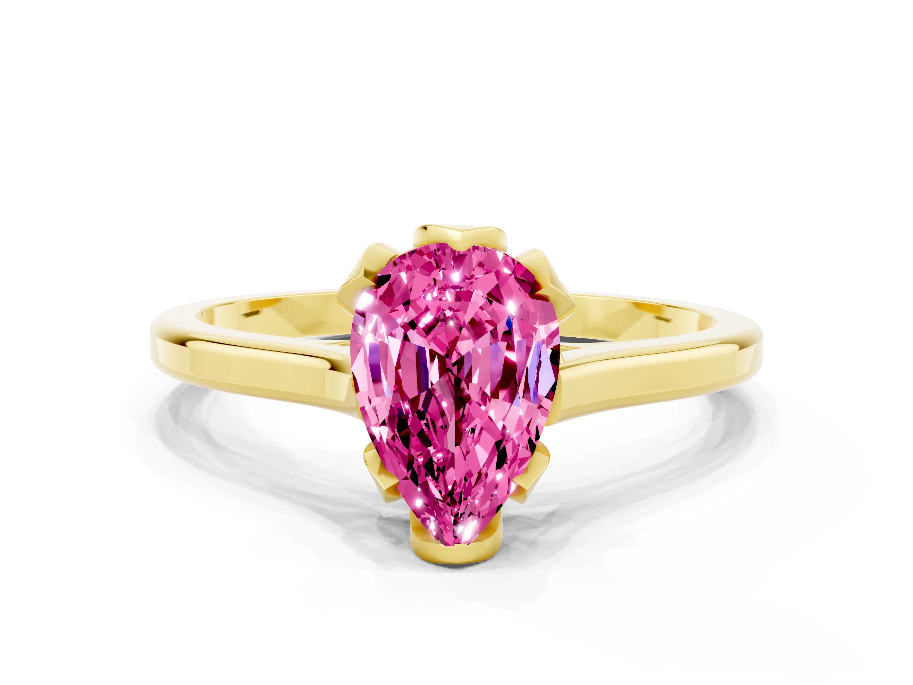 Yellow gold Pear Cut Pink Sapphire Solitaire Ring with Flower Prong Setting and Classic Band_12