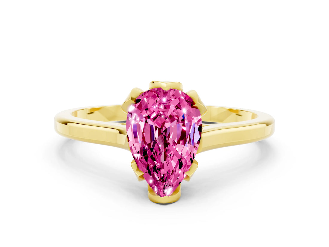 Yellow gold Pear Cut Pink Sapphire Solitaire Ring with Flower Prong Setting and Classic Band_12