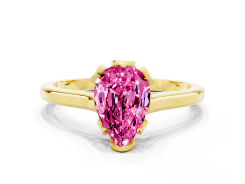 Yellow gold Pear Cut Pink Sapphire Solitaire Ring with Flower Prong Setting and Classic Band_12
