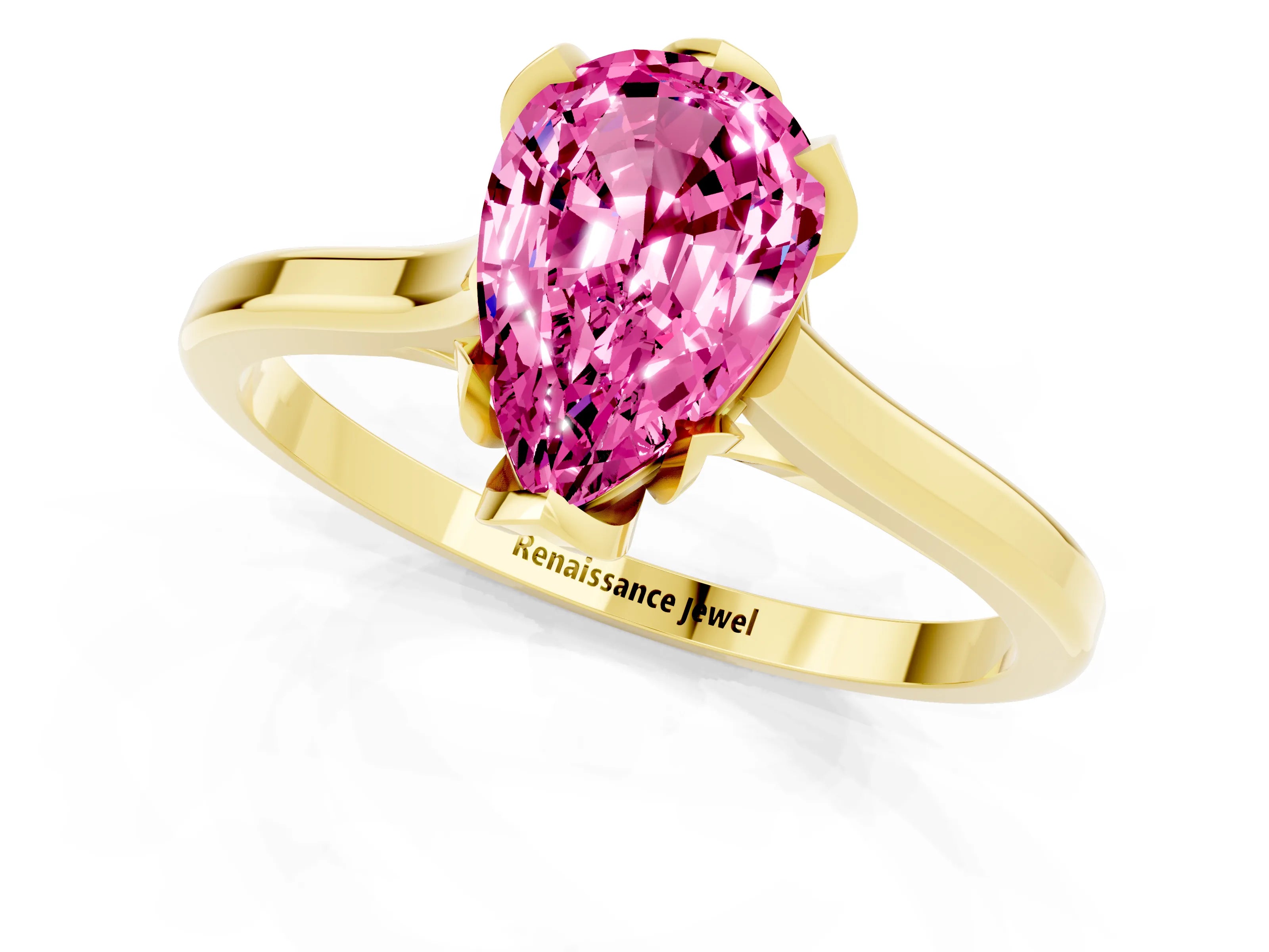 Yellow gold Pear Cut Pink Sapphire Solitaire Ring with Flower Prong Setting and Classic Band_13