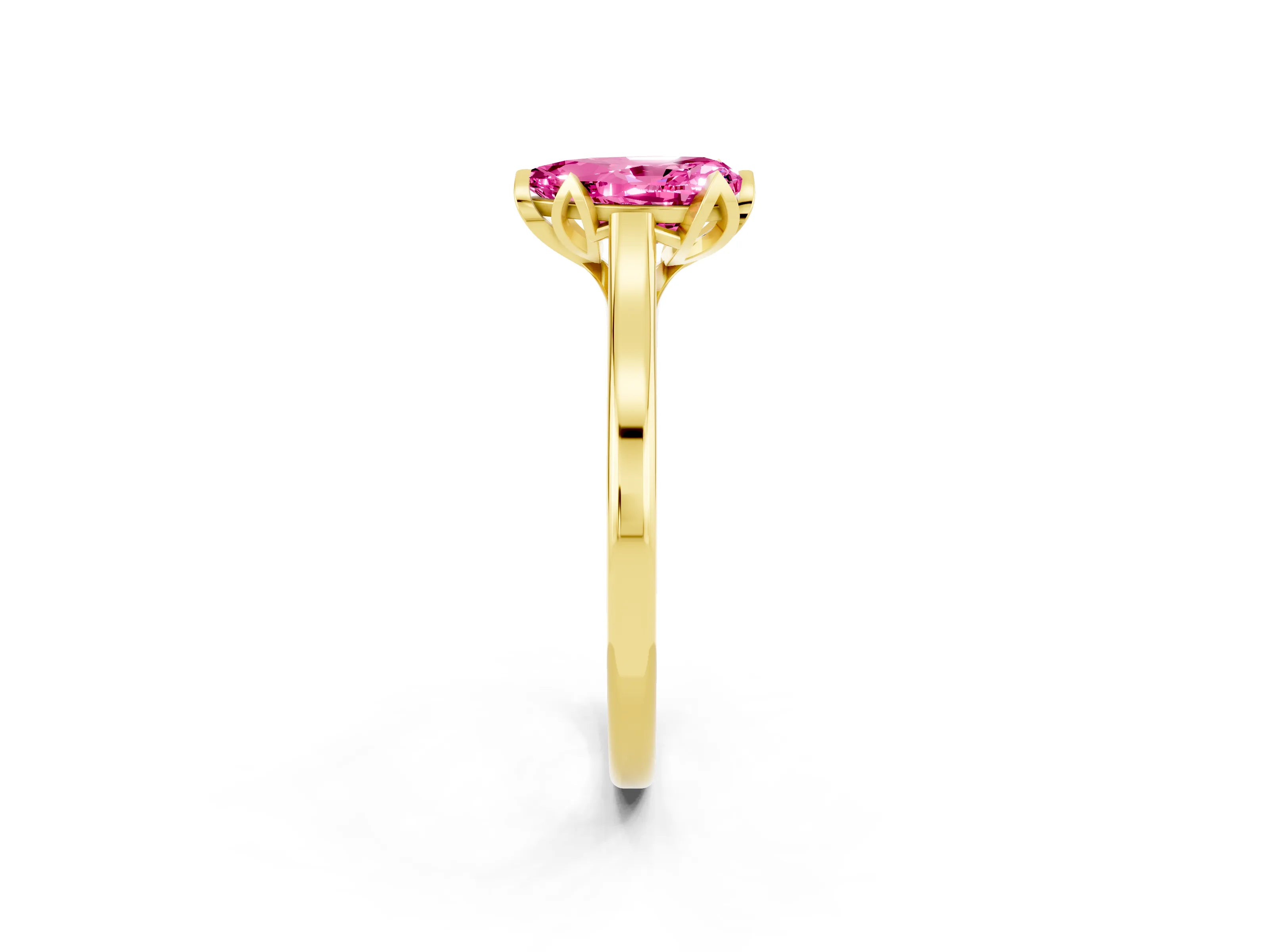 Yellow gold Pear Cut Pink Sapphire Solitaire Ring with Flower Prong Setting and Classic Band_14