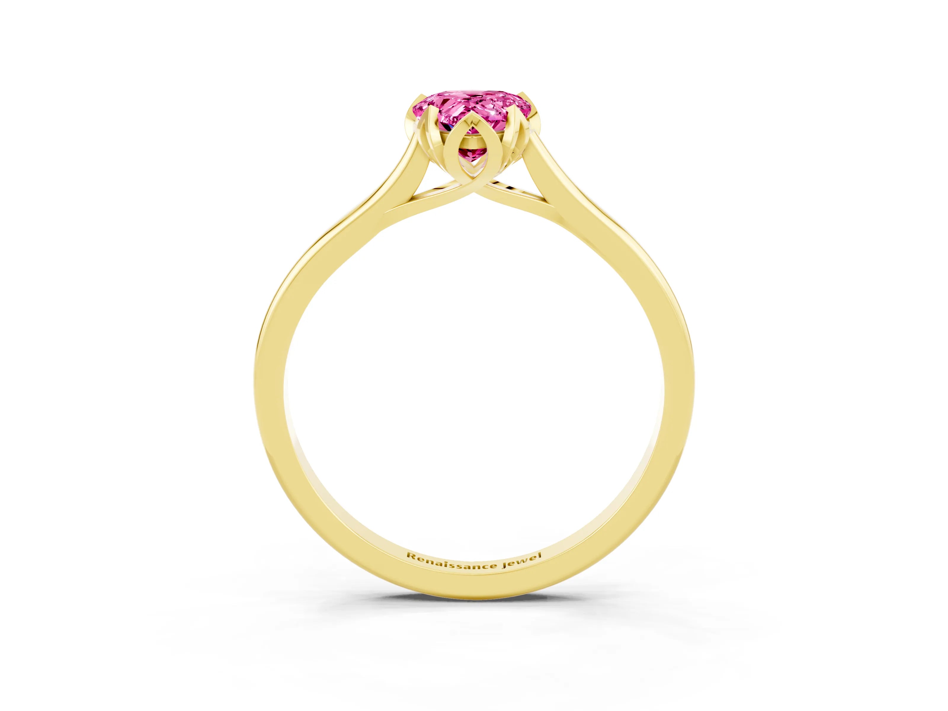 Yellow gold Pear Cut Pink Sapphire Solitaire Ring with Flower Prong Setting and Classic Band_15