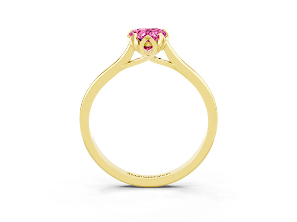 Yellow gold Pear Cut Pink Sapphire Solitaire Ring with Flower Prong Setting and Classic Band